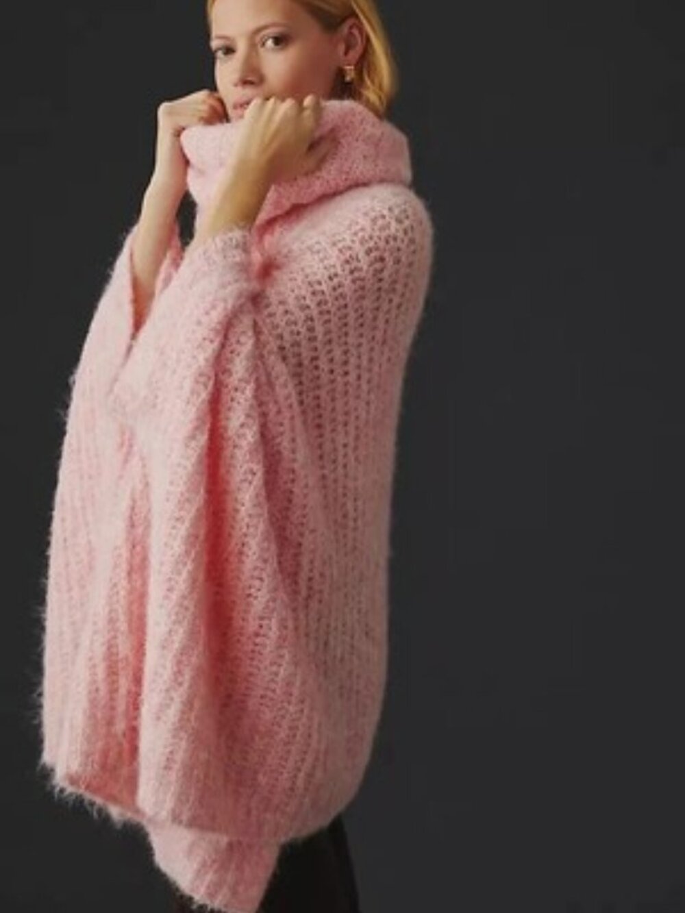 ANTHROPOLOGIE Pink White Funnel-Neck Cowl Neck Hi-Low Poncho Sweater OS